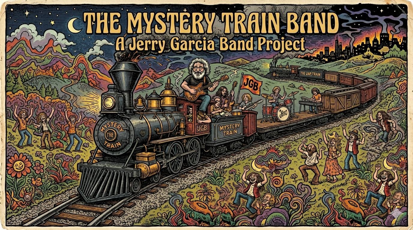 The Mystery Train Band locomotive, players on the cars, dancers in the grass.