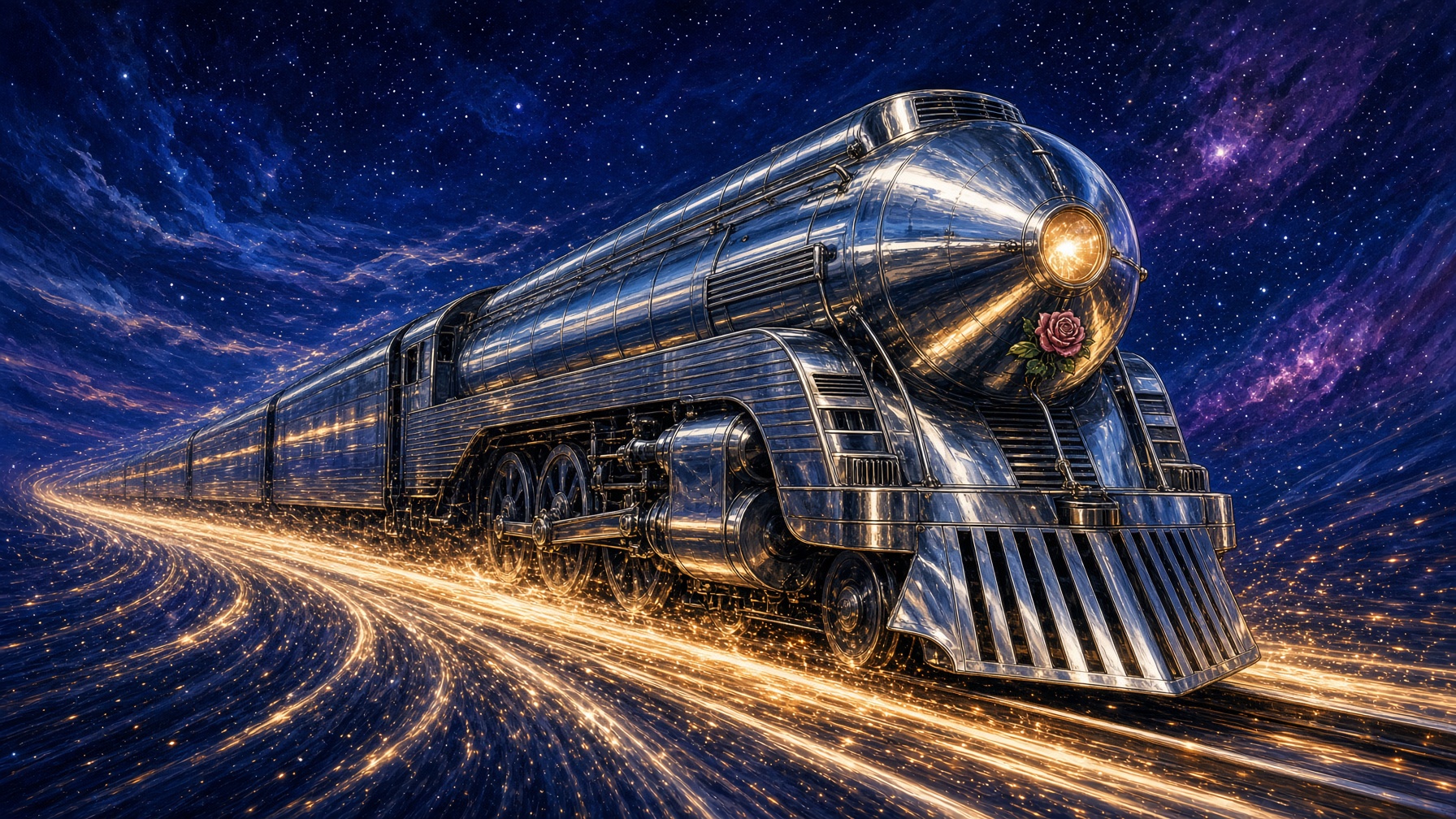 A silver streamlined locomotive racing rails of light.
